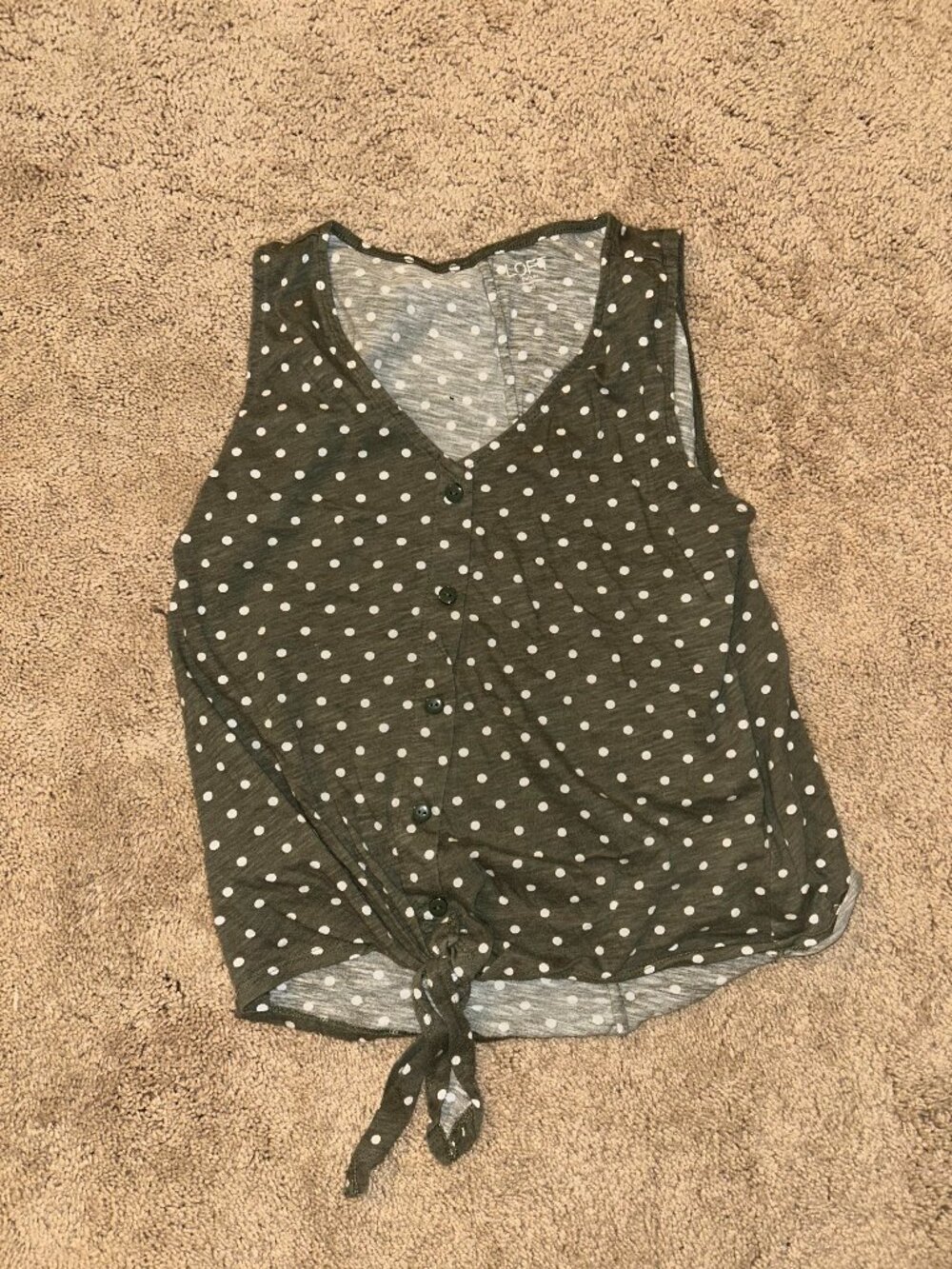 LOFT Olive Green Tank Top with White Polka Dots and Tie Front